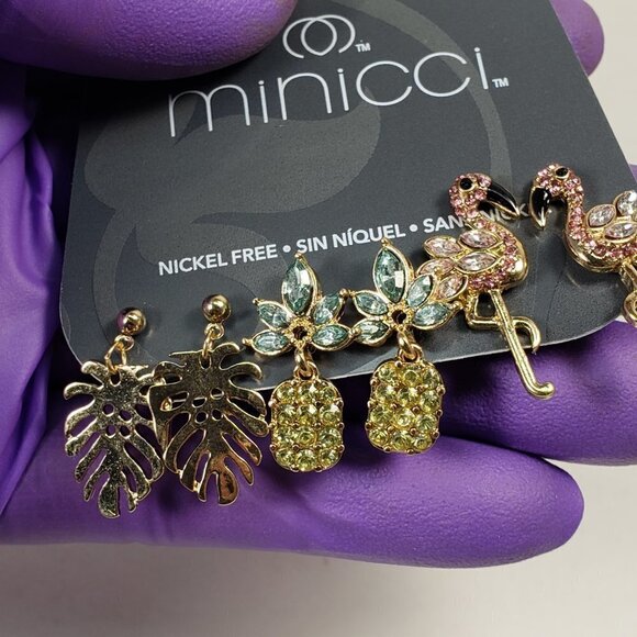 Minicci 3 Pairs of Gold-Tone Crystal Post Drop Earrings, Flamingo, Leaf, Flower - Picture 11 of 11
